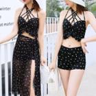 Set: Floral Print Strappy Bikini + Cover-up Skirt