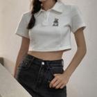 Short-sleeve Bear Embroidered Collared Cropped T-shirt