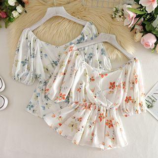 V Collar Puff-sleeved Floral Chiffon Top
