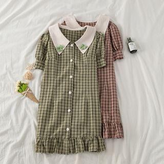 Contrast Collar Ruffled Hem Plaid A-line Dress