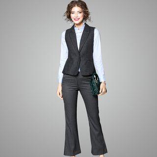 Long-sleeve Shirt / Buttoned Vest / Striped Boot Cut Dress Pants / Mini Skirt