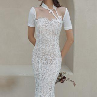 Choker-neck Short-sleeve Lace Sheath Dress