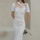 Choker-neck Short-sleeve Lace Sheath Dress