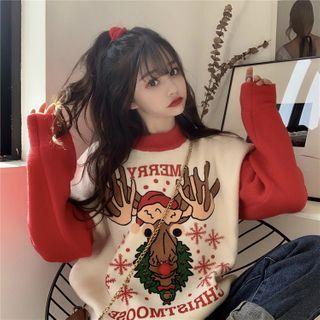 Round-neck Christmas Deer Color Block Knit Top