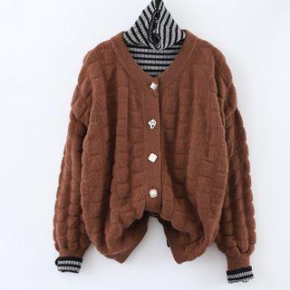 Plain Cardigan / Turtleneck Striped Top