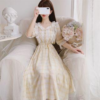 3/4-sleeve Lace Paneled Plaid Chiffon A-line Midi Dress