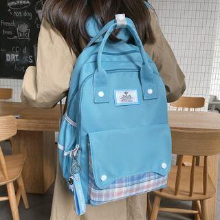 Set: Applique Plaid Panel Backpack + Bag Charm