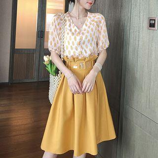 Short-sleeve Dot Print V-neck Print Blouse And Plain High-waist Midi Dress