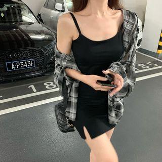 Plain Spaghetti Strap Mini Bodycon Dress / Plaid Long-sleeve Shirt