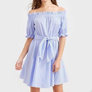 Off-shoulder Tie-waist Striped A-line Dress