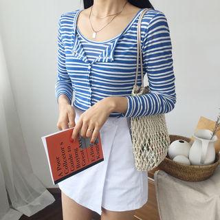 Set: Round-neck Stripe Cardigan + Camisole Top
