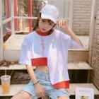 Embroidered Color Block Asymmetric Short-sleeve T-shirt