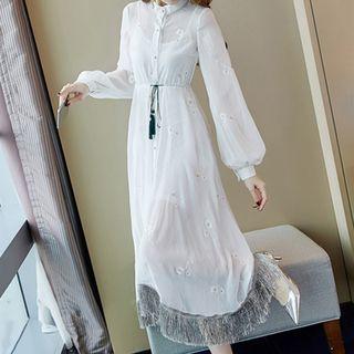 Set: Lantern-sleeve Midi Embroidered A-line Dress + Spaghetti Strap Dress