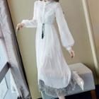 Set: Lantern-sleeve Midi Embroidered A-line Dress + Spaghetti Strap Dress
