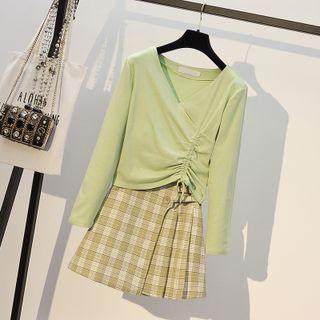 Set Of 2 - Plain V-neck Top + Plaid A-line Mini Skirt
