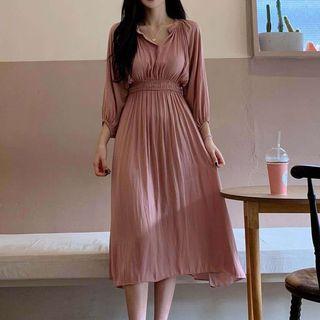 V-neck Plain Slim A-line Long Dress