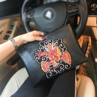 Faux Leather Embroidered Clutch Black - One Size