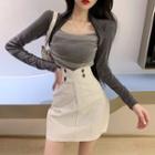 Puff-sleeve Sheer Panel Plain Top / High-waist A-line Skirt