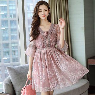 Set: Floral Bell-sleeve A-line Dress + Slipdress