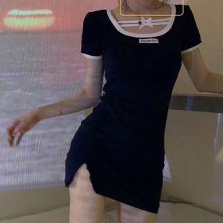 Stretched Slit-hem Mini Dress Blue - One Size