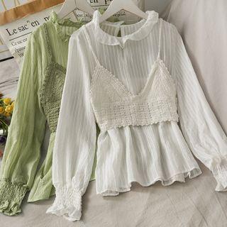 Set: Ruffled-trim Sheer Top + Knit Vest