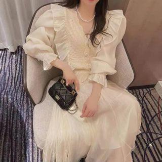 Frill Trim Knit Top / Sheer Skirt