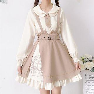Layered Collar Blouse / Ruffle Hem Suspender Skirt