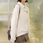 Embroidered Polo Collar Pullover White - One Size
