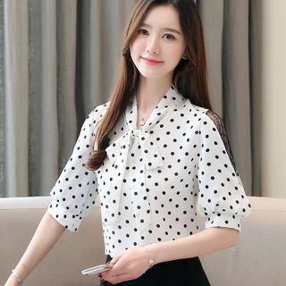 Short-sleeve Dot Print Bow-neck Blouse