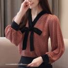 Long-sleeve Tie Front Plaid Top