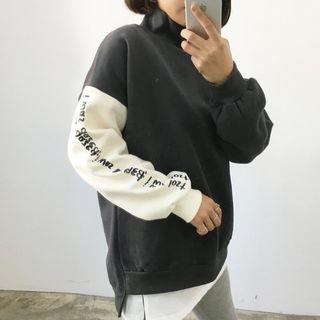 Mock-neck Contrast Lettering-sleeve Pullover