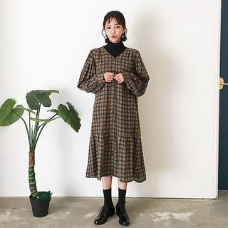 V-neck Plaid Long Shirtdress