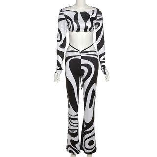 Set: Long-sleeve Zebra Print Crop Top + Tie-waist Bootcut Pants