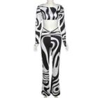 Set: Long-sleeve Zebra Print Crop Top + Tie-waist Bootcut Pants