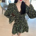 Floral V-neck Long-sleeve Dress As Shown In Figure - One Size