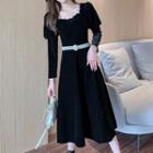 Lantern-sleeve Scallop Trim Midi A-line Dress