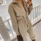 Zip-front Drawcord-waist Corduroy Jumpsuit