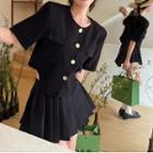 Short-sleeve Button-up Jacket / Pleated A-line Skirt
