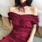 Off-shoulder Slim-fit Dress Wine Red - One Size