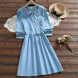 Long-sleeve Embroidered Denim Midi Dress