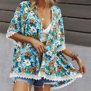 Elbow-sleeve Flower Print Lace Trim Light Jacket