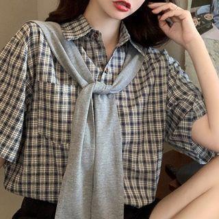 Elbow-sleeve Button-up Checked T-shirt