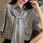 Elbow-sleeve Button-up Checked T-shirt