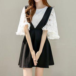 Set: Elbow-sleeve Lace Top + Jumper A-line Dress