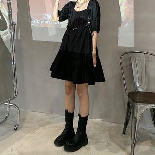 Puff-sleeve A-line Mini Dress / Chain Harness Belt