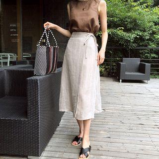 Wrap-front Linen Flare Skirt