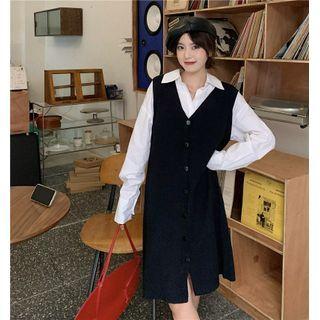 V-neck Button-up Overall Dress Black - One Size