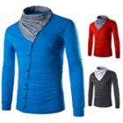Color Panel High Neck Buttoned Long Sleeve T-shirt