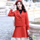 Set: Plain Double-breasted Coat + Mini A-line Skirt