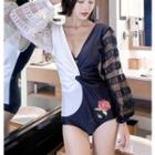Long-sleeve Color Block Mesh Paneled Swimsuit